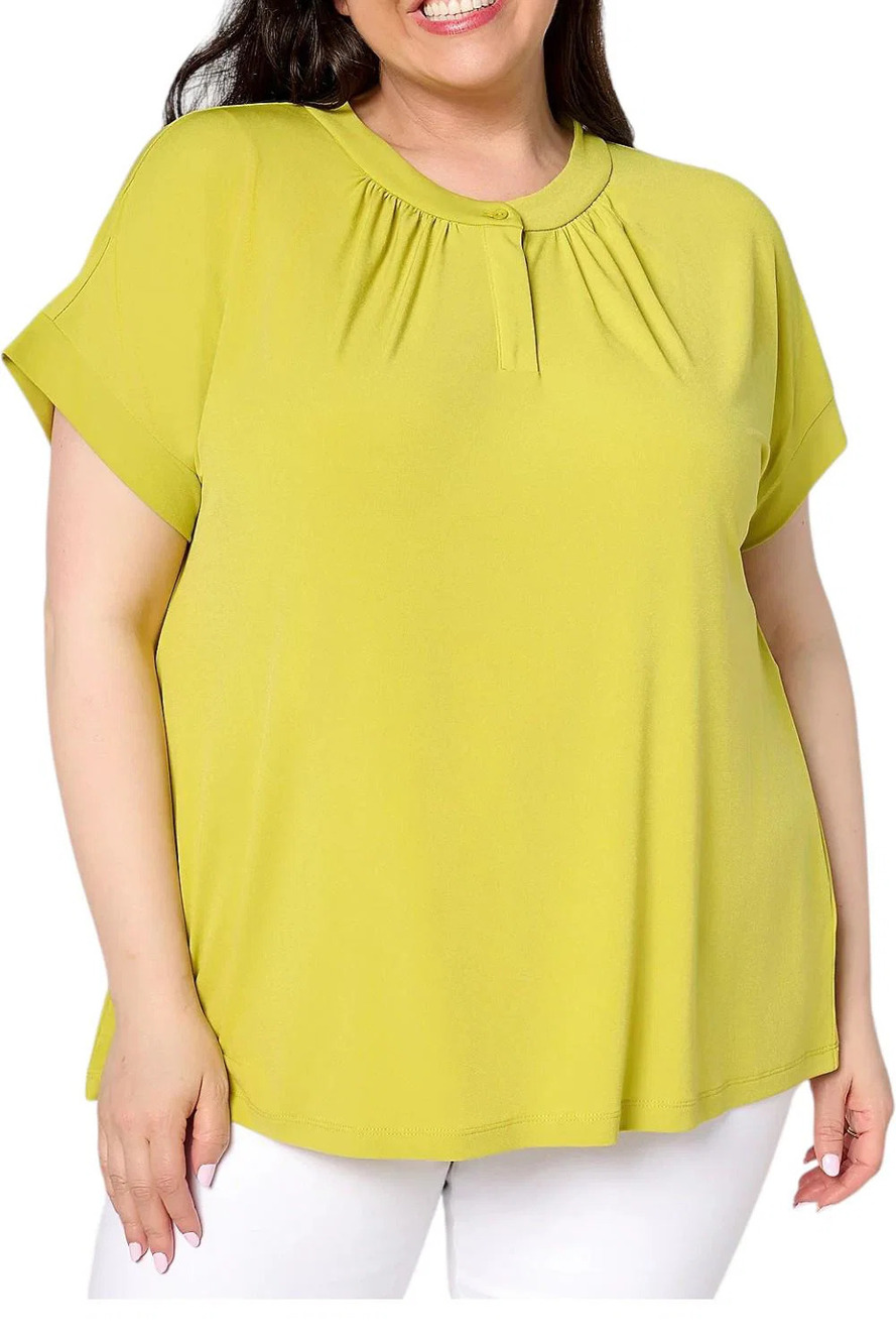 Susan Graver Women's Liquid Knit Short Sleeve Henley Top Citron Dream - Regular